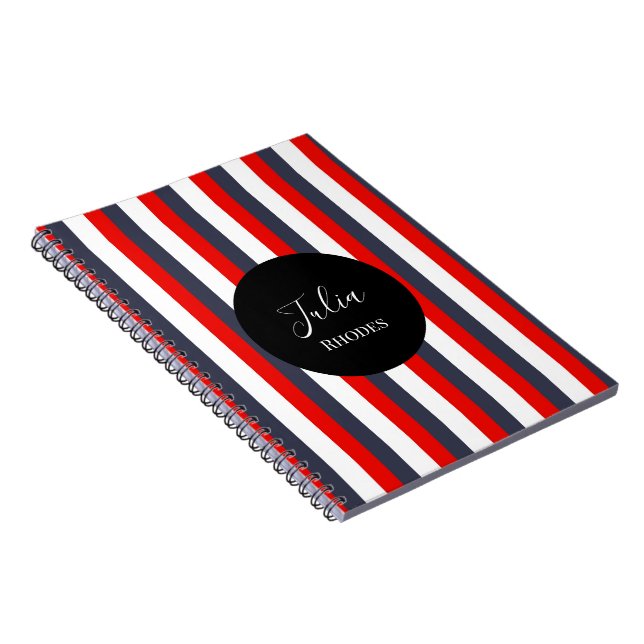 Red, white and blue stripes custom name notebook (Right Side)
