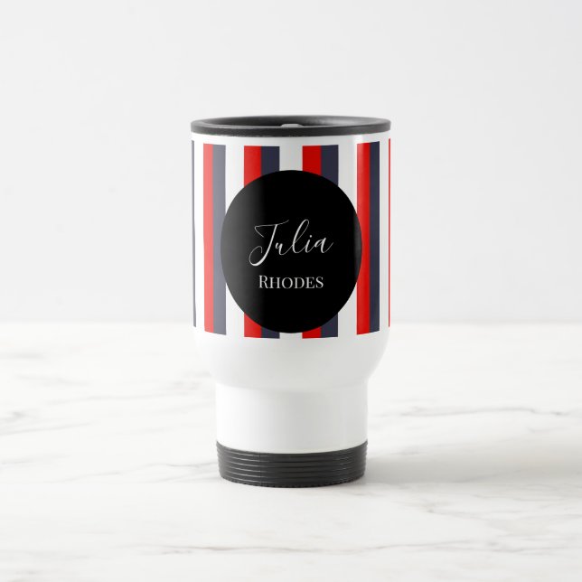 Red, white and blue stripes custom name travel mug (Center)