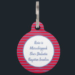 Red, White, and Blue Stripes Diabetic Pet ID Tag<br><div class="desc">Customizable striped pattern in red, white, and periwinkle blue, with room for personalized text you won't find on standard pet ID tags. Looks beautiful on! On the front- Personalize your pet's name in the message. OR, you can edit the text to reflect any information you might want a finder to...</div>