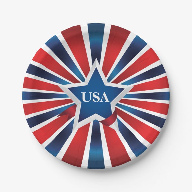 Red White and Blue Stripes USA Monogram Paper Plates (Front)