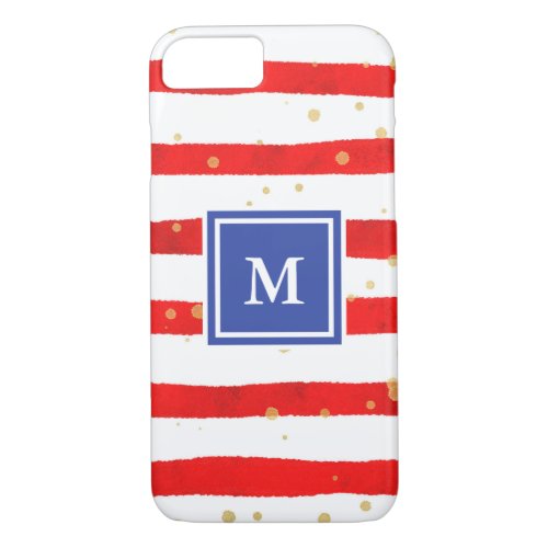 Red White and Blue Stripes with Monogram and Dots iPhone 87 Case