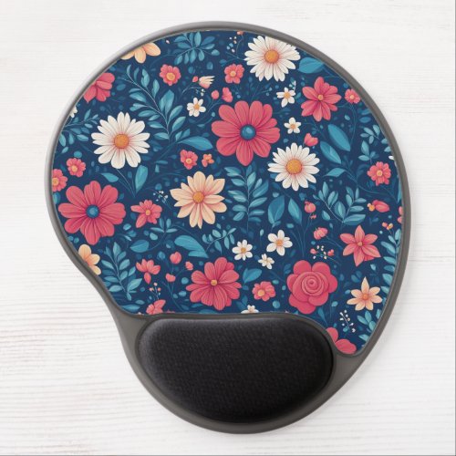 Red White and Blue Stylized Flowers and Foliage Gel Mouse Pad