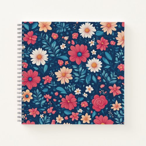 Red White and Blue Stylized Flowers and Foliage Notebook