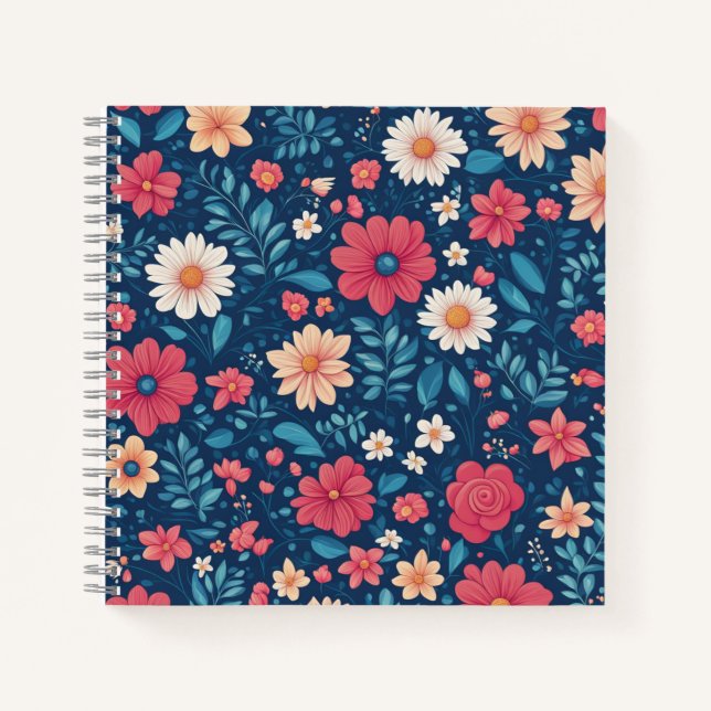 Red White and Blue Stylized Flowers and Foliage Notebook (Front)
