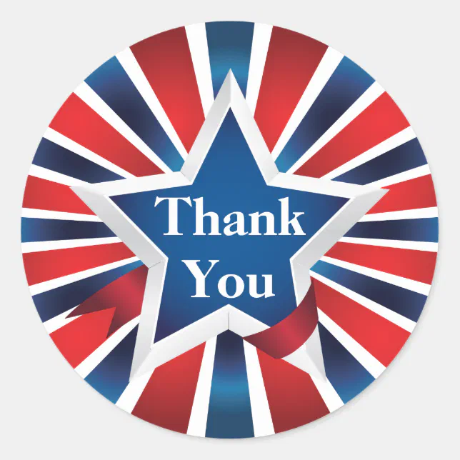 Red White And Blue Sunburst Thank You Classic Round Sticker Zazzle