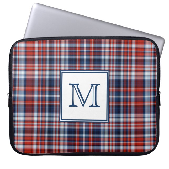 Red White and Blue Tartan Monogrammed Laptop Sleeve (Front)
