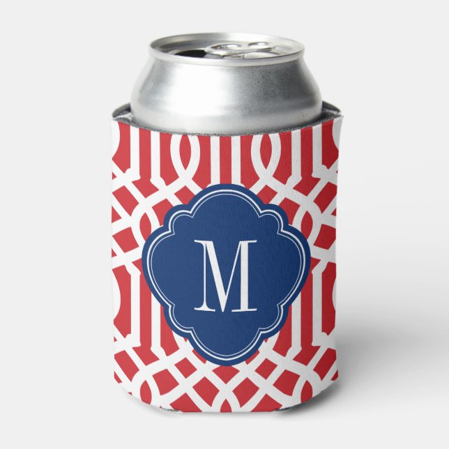 Red White and Blue Trellis Monogram Can Cooler (Can Front)