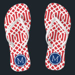 Red White and Blue Trellis Monogram Flip Flops<br><div class="desc">Custom printed flip flop sandals with a stylish modern trellis pattern and your custom monogram or other text in a circle frame. Click Customize It to change text fonts and colors or add your own images to create a unique one of a kind design!</div>