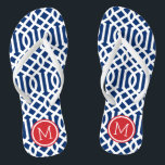 Red White and Blue Trellis Monogram Flip Flops<br><div class="desc">Custom printed flip flop sandals with a stylish modern trellis pattern and your custom monogram or other text in a circle frame. Click Customize It to change text fonts and colors or add your own images to create a unique one of a kind design!</div>