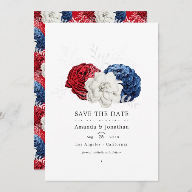Red White and Blue USA American Wedding Photo Save The Date (Front/Back)