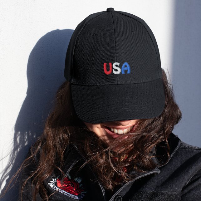 Red White and Blue USA Black Embroidered Baseball Hat (Customize the thread color and letters if you'd like.)
