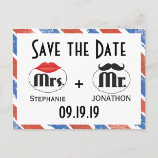 Red White and Blue Vintage Save the Date Announcement Postcard