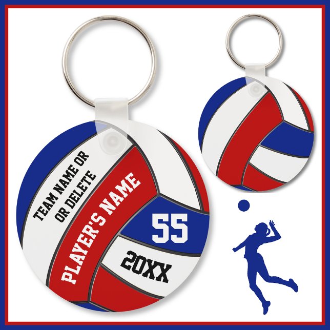 Red White and Blue Volleyball Keychains, Your Text Keychain (Cheap volleyball souvenirs. Red, White and Blue, Volleyball Team Gift Ideas. Volleyball Keychains.)