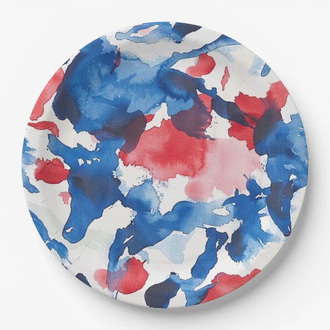 Red White and Blue Watercolor Abstract Plate (Front)
