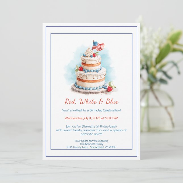 Red White and Blue Watercolor Birthday Invitation  (Standing Front)