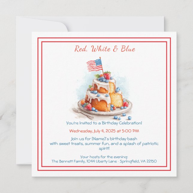 Red White and Blue Watercolor Birthday Invitation  (Front)