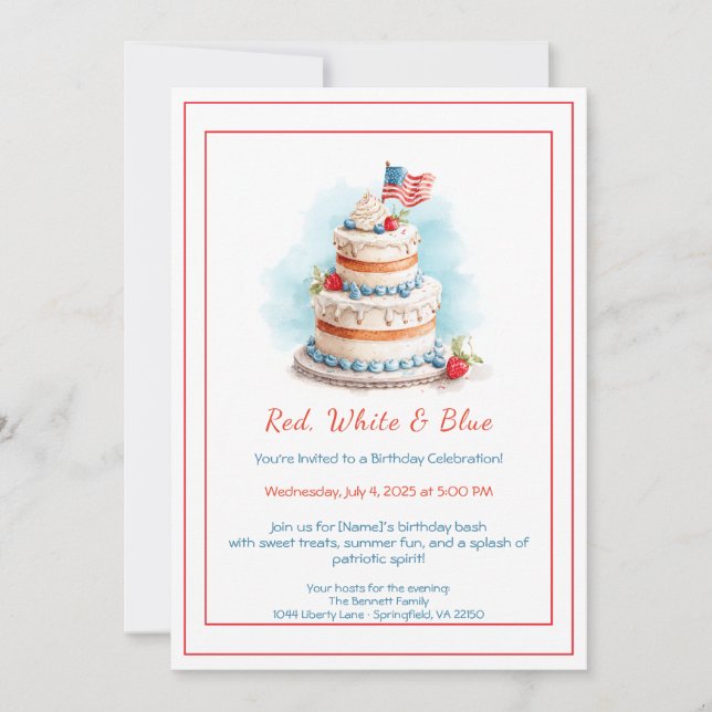 Red White and Blue Watercolor Birthday Invitation  (Front)