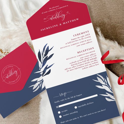 Red White and Blue Wedding with Perforated RSVP Al All In One Invitation