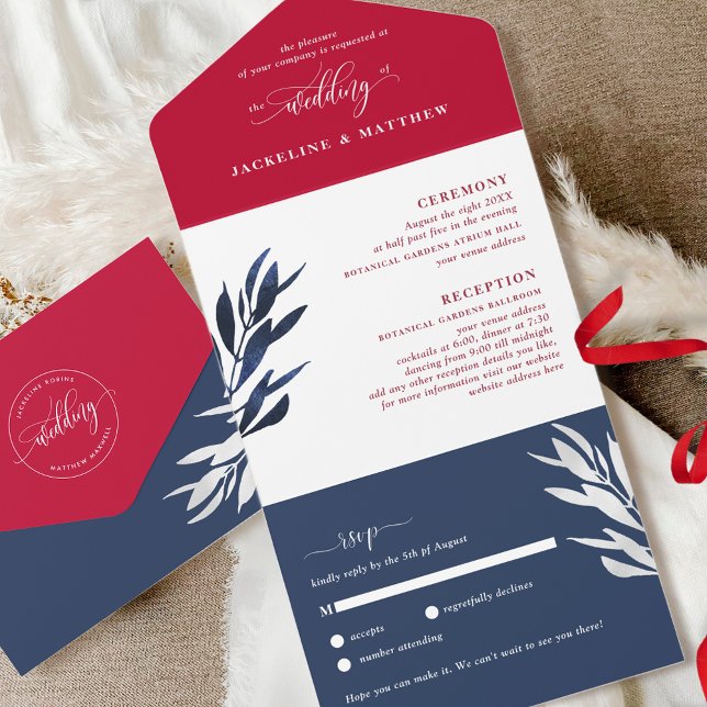 Red White and Blue Wedding with Perforated RSVP Al All In One Invitation (Creator Uploaded)