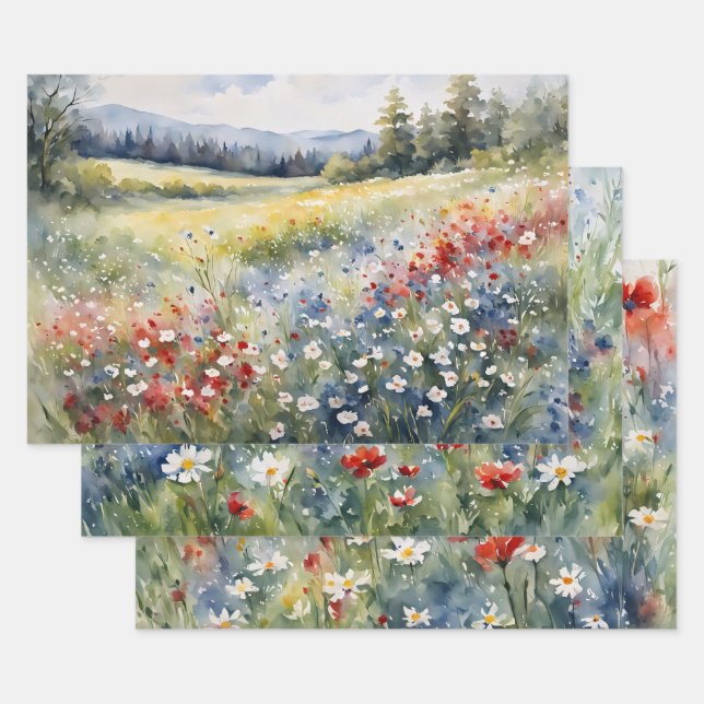 Red White and Blue Wildflowers Variety Pack Wrapping Paper Sheets (Set)