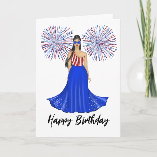 Red White and Blue with Fireworks Happy Birthday Card