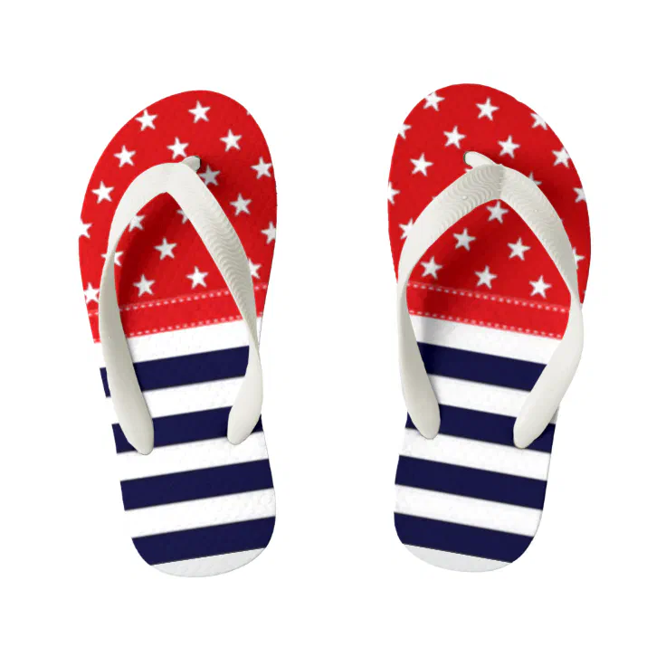 Red White and Blue with White Stars & Stripes Kid's Flip Flops | Zazzle