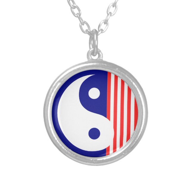 Red White and Blue Yin Yang Symbol Silver Plated Necklace (Front)