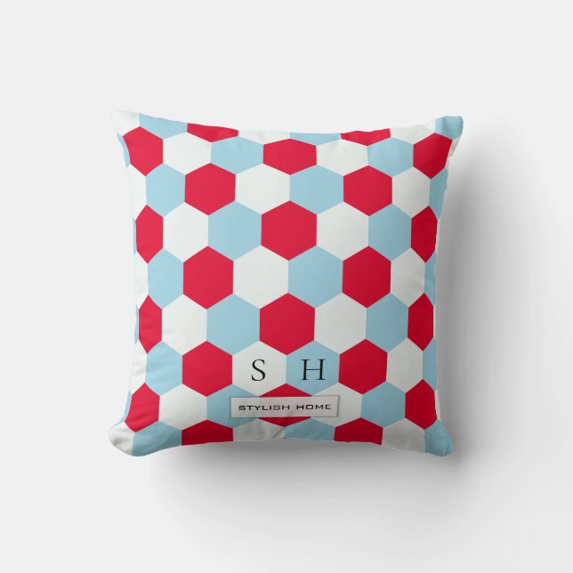Red, White and Blues Hexagons Monogram Throw Pillow (Front)