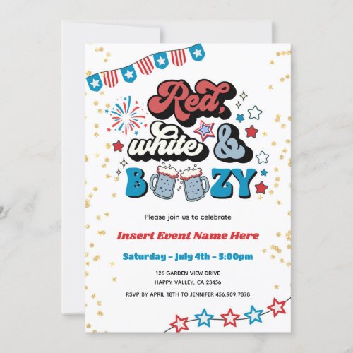Red White and Boozy 4th of July Party Adult Invitation