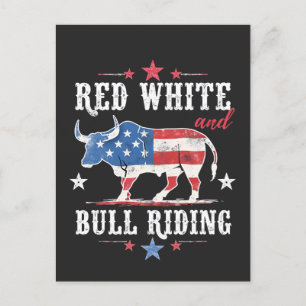 Red White and Bull Riding American Cowboys Holiday Postcard