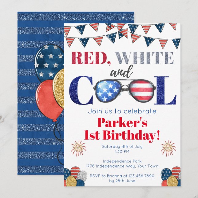 Red White and Cool Fourth of July Birthday Invitation (Front/Back)
