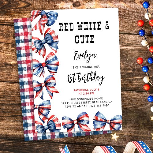 Red White and Cute Bows Any Age Kids Birthday Invitation