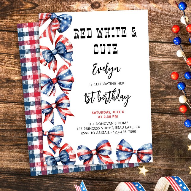 Red White and Cute Bows Any Age Kids Birthday Invitation (Fourth of July themed kids birthday invitation with red white and blue hair bows)