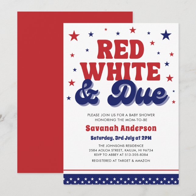 Red, White and Due 4th July Patriotic Baby Shower  Invitation (Front/Back)