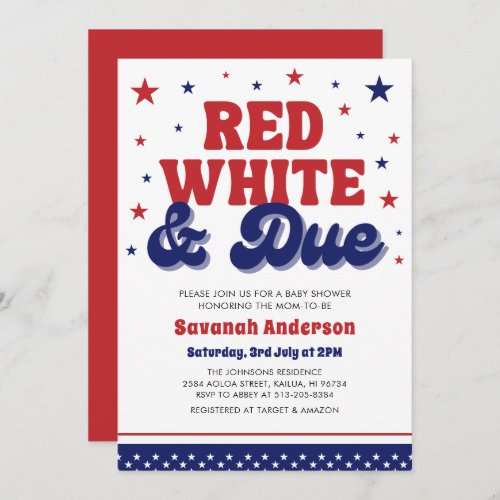 Red White and Due 4th July Patriotic Baby Shower  Invitation