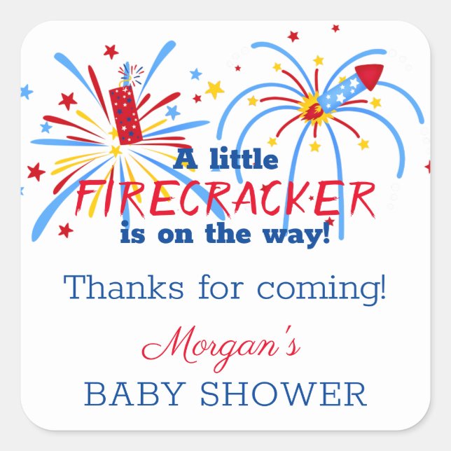 Red White and Due 4th of July Baby Shower Favors Square Sticker (Front)