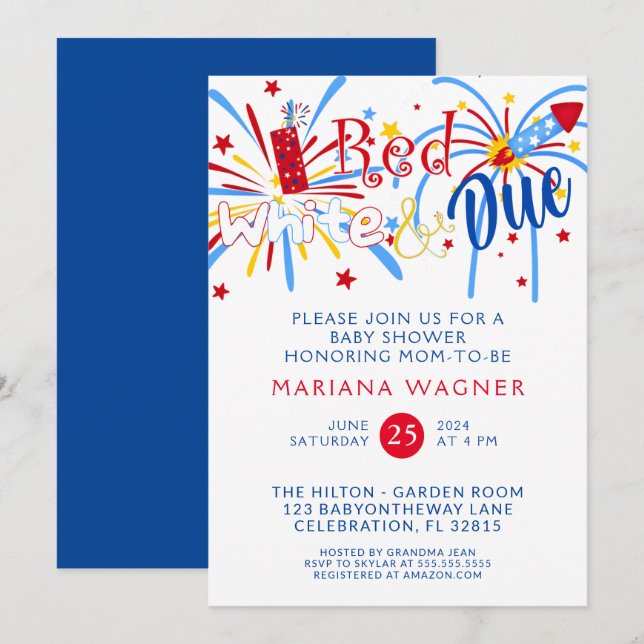 Red White and Due 4th of July Baby Shower Invitation (Front/Back)