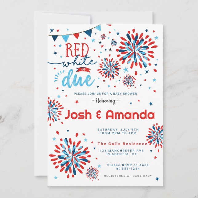 Red white and Due 4th of July Baby Shower Invitation (Front)