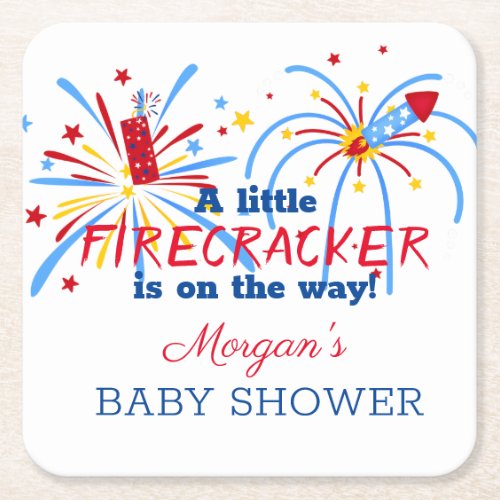 Red White and Due 4th of July Baby Shower Square Paper Coaster