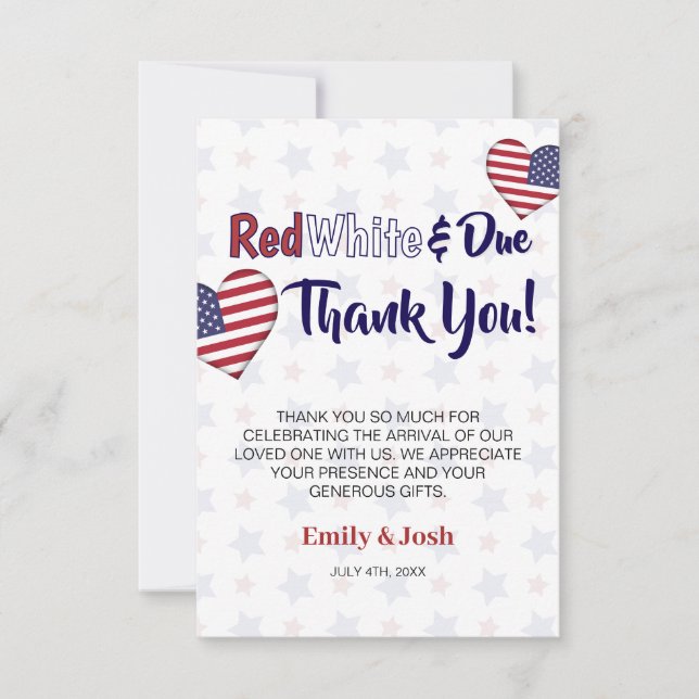 Red White and Due 4th of July Baby Shower  Thank You Card (Front)