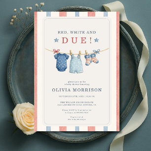 Red White and Due American Stripes Baby Shower Invitation