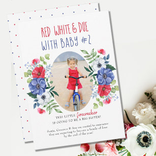 Red White and Due Baby Number 2 Floral Pregnancy Announcement