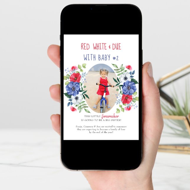 Red White and Due Baby Number 2 Floral Pregnancy Announcement (Front Digital)
