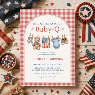Red White and Due Baby-Q Clothesline Baby Shower Invitation