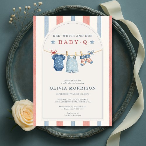 Red White and Due Baby-Q Clothesline Baby Shower Invitation