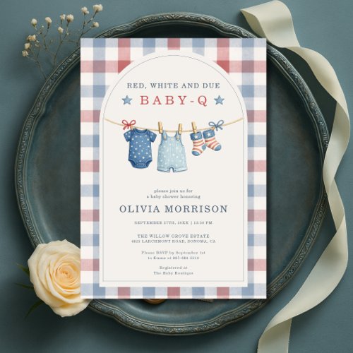 Red White and Due Baby-Q Gingham Baby Shower Invitation