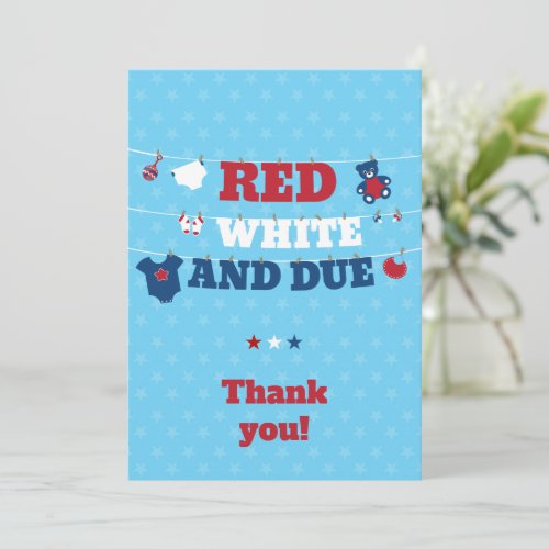 Red White and Due Baby Shower Clothesline July 4th Thank You Card