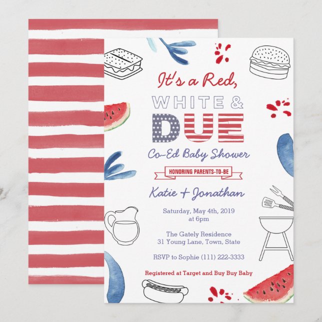 Red White and Due Blue Co-Ed Couples Baby Shower Invitation (Front/Back)