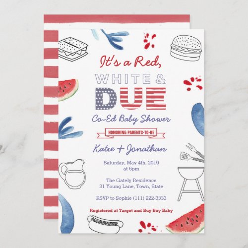 Red White and Due Blue Co_Ed Couples Baby Shower Invitation