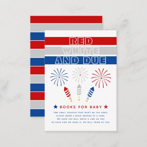 Red White and Due firecrackers baby shower book Enclosure Card